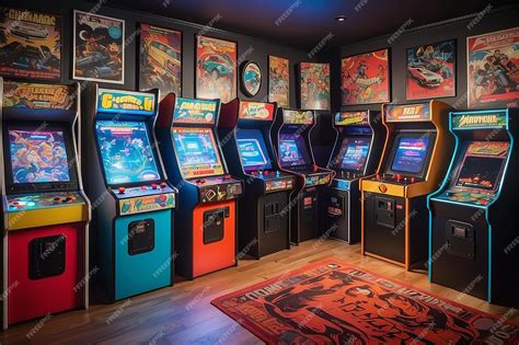 Premium Photo Retro Gaming Room With Vintage Arcade Machines And Retro Gaming Posters