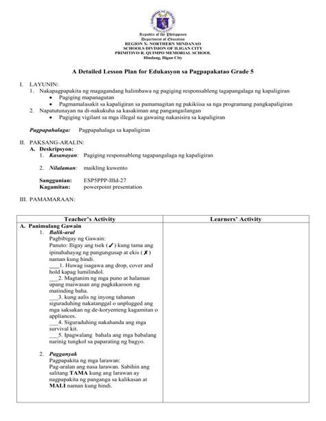 Cot A Detailed Lesson Plan For Edukasyon Sa Pagpapakatao Grade