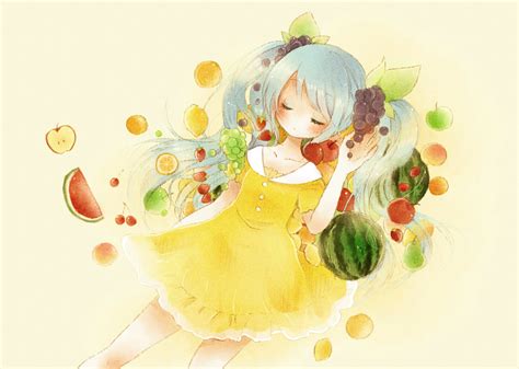 Safebooru 1girl Apple Center Cherry Dress Food Fruit Hatsune Miku