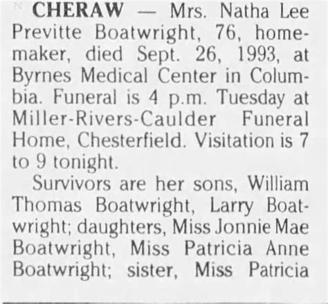 Obituary For Natha Lee Previtte Boatwright Aged 76