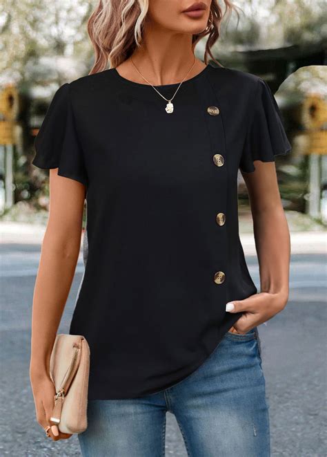 ROTITA Button Black Round Neck Short Sleeve T Shirt Rotita USD