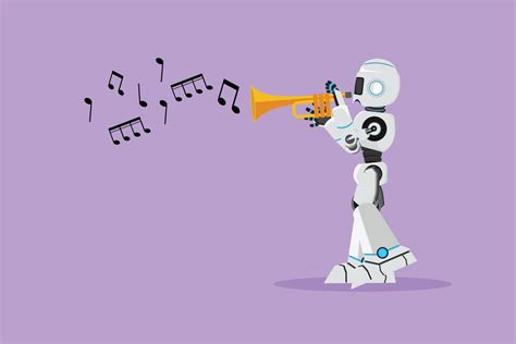 Flat Cartoon Style Drawing Robot Playing Trumpet At Jazz Music