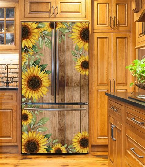 Farmhouse Fridge Wrap Sunflower Wood Refrigerator Wrap Vinyl Side By