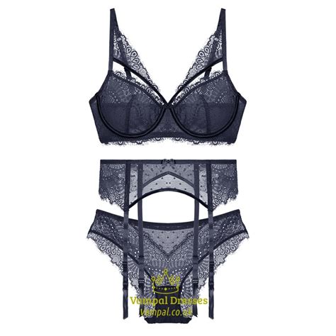 Black Womeny Unlined Lingerie Set Pcs Bra Panty Set With Garter Lace