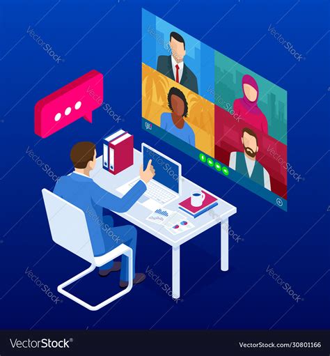 Isometric Video Conference Online Meeting Work Vector Image