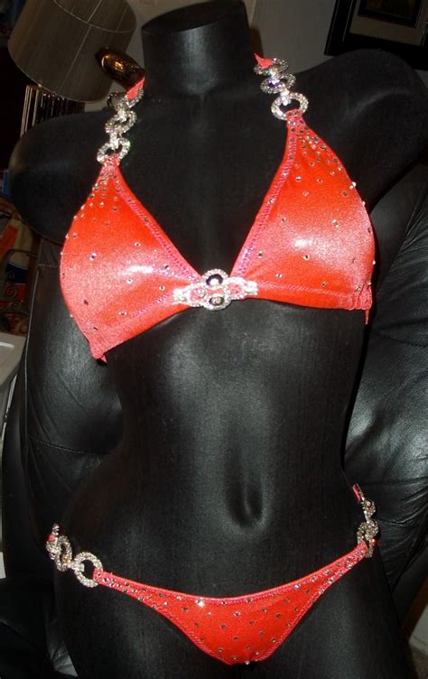 Style Coral Metallic Competition Bikini With Rhinestone Connectors