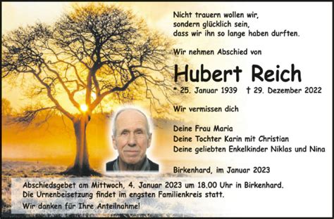 Traueranzeigen Von Hubert Reich Schwaebische De Trauerportal