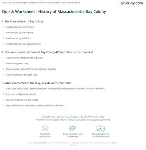 Quiz And Worksheet History Of Massachusetts Bay Colony