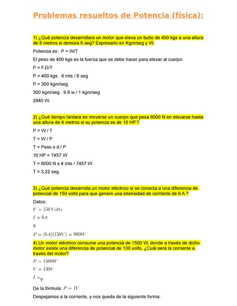 Problemas Resueltos De Potencia Potencia Es P W T El Peso De 400