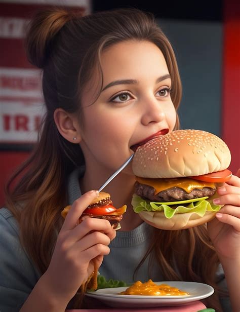 Premium Ai Image Girls Eating Burger Close Picture