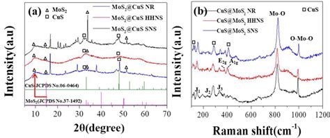 Xrd A And Raman B Spectra Of Cus Mos2 Nr Hhns And Sns Samples