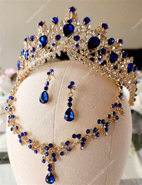 Fast Ship 2.5 Crown Set Blue & Gold Tiara With Sapphire Blue Stones Gold High Tiara Gold Crown ...