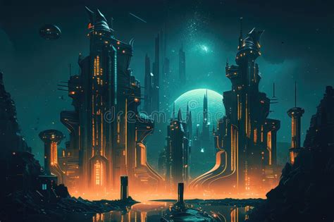 Futuristic City Skyline with Metallic Accents Stock Illustration ...