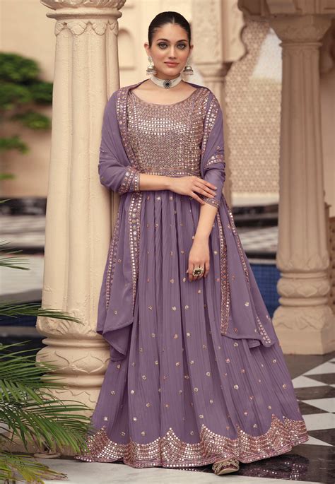 Light Purple Georgette Mirror Work Anarkali Suit 270922