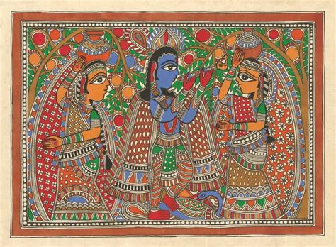 Madhubani Painting Krishna And Gopis Painting By Sarita Devi Saatchi Art