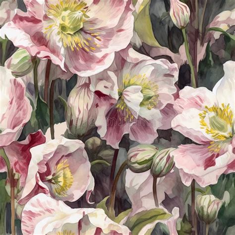 Watercolor Seamless Pattern With Helleborus In Pink Soft Neutral Tones