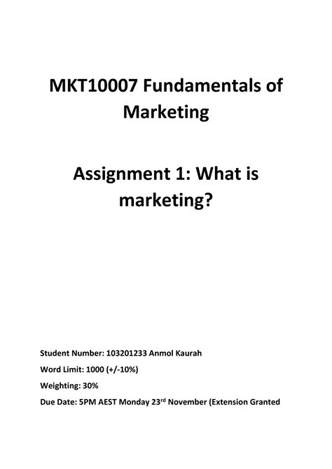 Mkt10007 Assignment 1 Mkt10007 Fundamentals Of Marketing Assignment 1