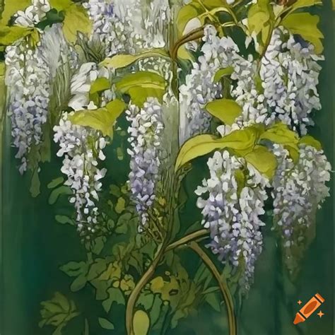 Watercolor Painting Of Detailed Wisteria Blossom On White Background