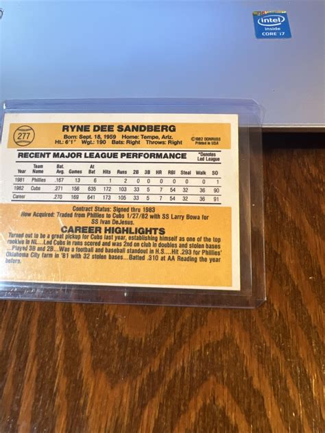 RYNE SANDBERG 1983 DONRUSS BASEBALL ROOKIE CARD 277 CHICAGO CUBS HALL