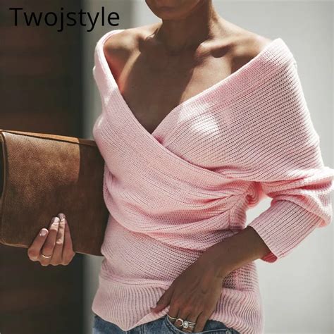 Twojstyle Pink Sexy Women Knitted Sweater Deep V Nevk Elastic Long