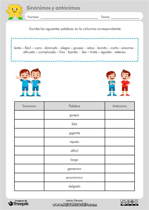 Sinonimos Y Antonimos Hoja De Trabajo