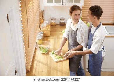 Lgbt Gay Couple Cooking Vegetables Together Stock Photo 2284494227
