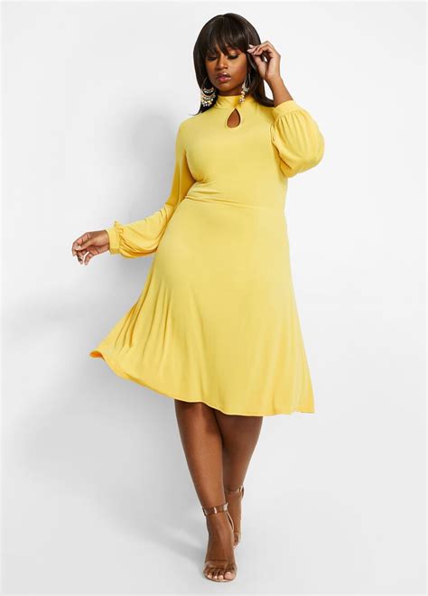 Plus Size Yellow Keyhole Tie A Line Dress Plus Size Outfits A Line