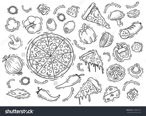 Set Of Pizza Ingredients In Doodle Style Isolated On White Background