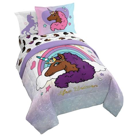 Afro Unicorn Unique Divine Magical Purple 5 Piece Twin Bed Set With