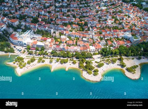 Crikvenica. Aerial view of Crikvenica beach and waterfront restaurants ...