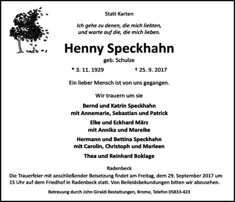 Traueranzeigen Von Henny Speckhahn Trauer Anzeigen De