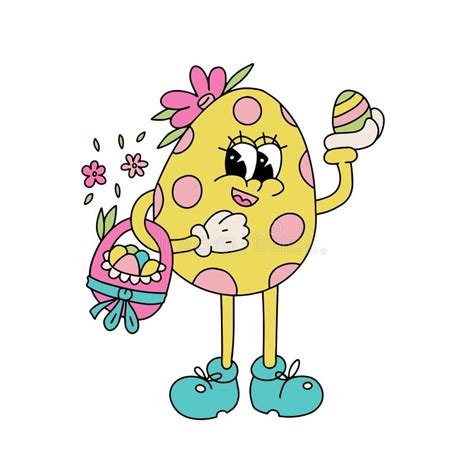 Retro Groovy Easter Egg Mascot Isolated Concept In Trendy Retro 60s 70s Cartoon Style Stock