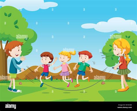 Los niños saltar la cuerda en el parque ilustración Imagen Vector de