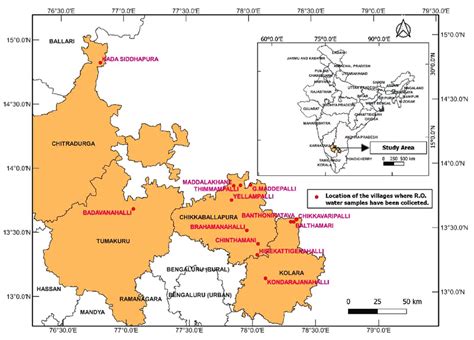 Map showing locations of villages in the Chikkaballapur, Chitradurga ...