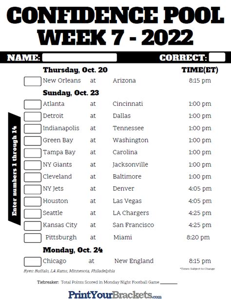 Nfl Week 7 Printable Sheet