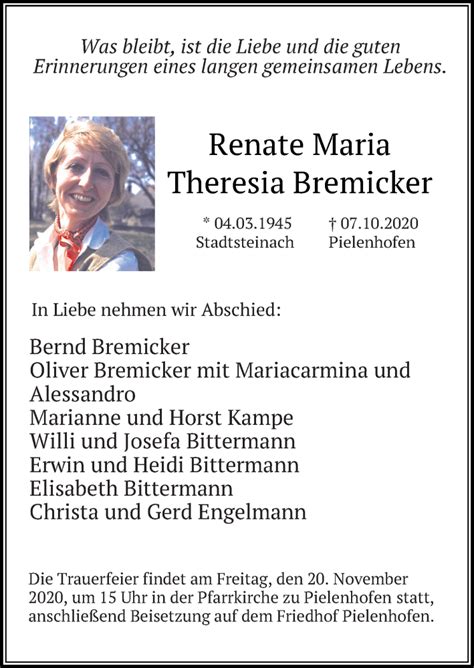 Traueranzeigen Von Renate Maria Bremicker Mittelbayerische Trauer