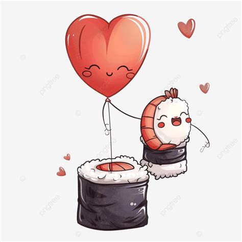 Cute Cartoon Sushi Shrimp Float With Love Balloon Cartoon Food Fresh