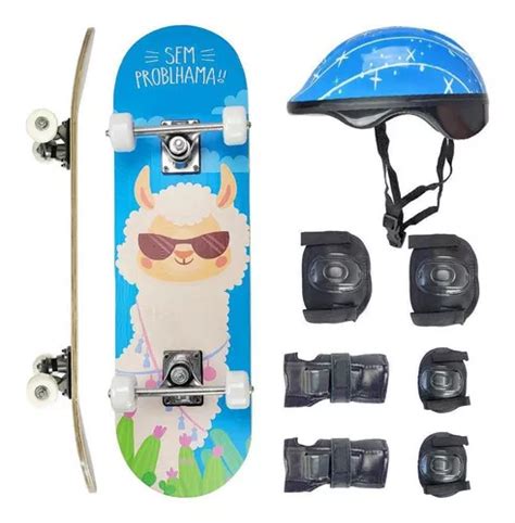 Skate Infantil Montado Kit Prote O Lhama Capacete Azul Mercadolivre