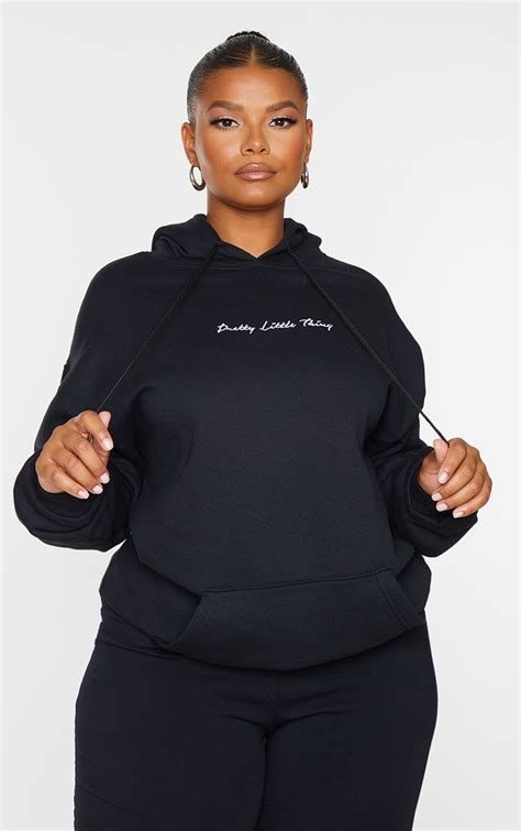 Prettylittlething Plus Black Embroidered Hoodie Prettylittlething Usa