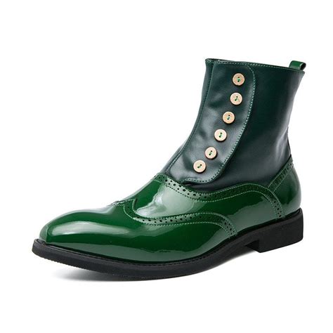 New Arrival Mens Green Ankle Boots Pointed Toe Patent Leather Man