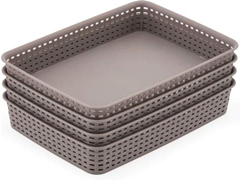 Ezoware Set Of 4 Large Gray Plastic Woven Storage Basket Trays Knitted