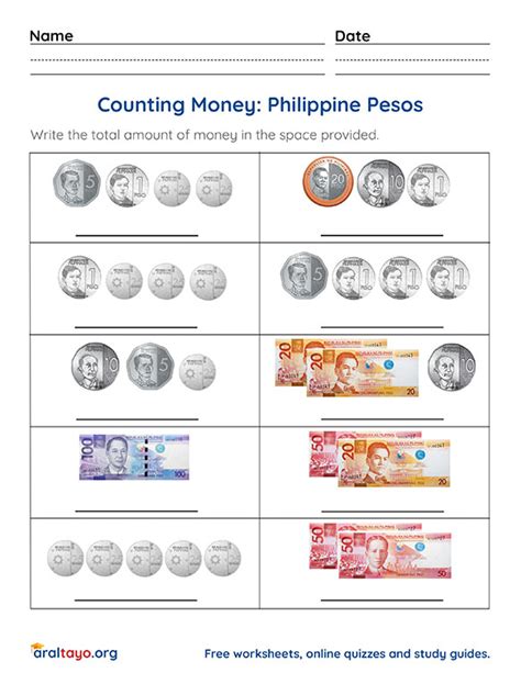 Counting Philippine Pesos Free Worksheet New Bills And Coins