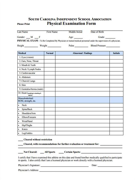 Printable Basic Physical Exam Form Pdf Printable Forms Free Online