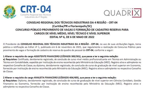 Concurso CRT 4 edital retificado inscrições reabertas