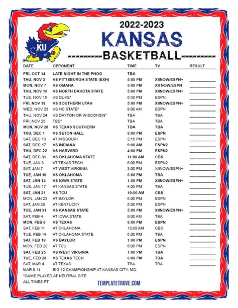 Printable 2022-2023 Kansas Jayhawks Basketball Schedule