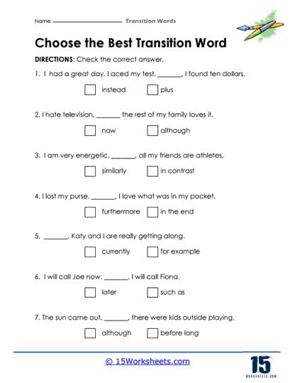 Transition Words Worksheets Worksheets