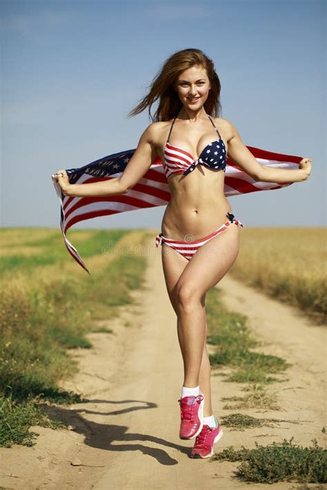 Woman In American Flag Bikini In A Wheat Field Stock Image Image Of