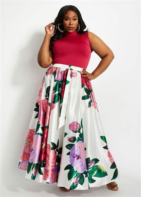 Plus Size Belted Floral Flared Satin Maxi Skirt Maxi Skirt Satin