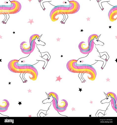 Seamless Rainbow Unicorns Pattern Vector Magic Background Stock Vector