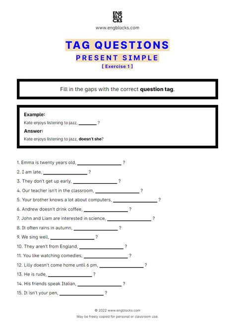 Tag Questions — Present Simple Esl Worksheets